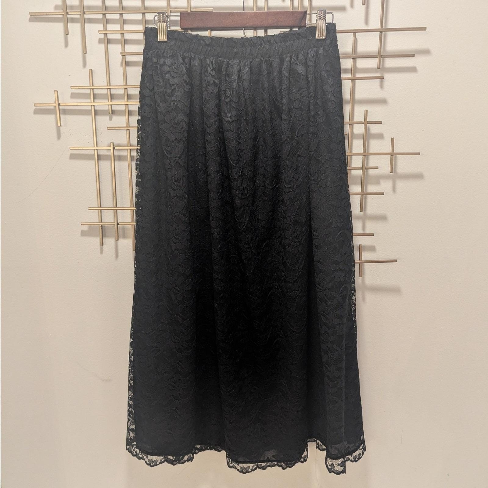 Vtg Maxi Skirt Black Lace Floral Elastic Waist Sz L Whimsigoth Dark Romantic