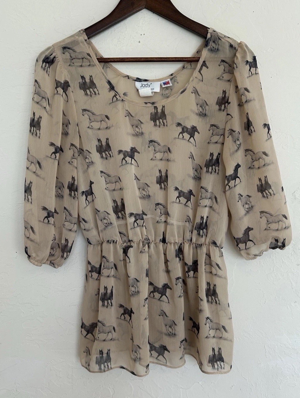Vintage 70s 80s Jody California Sheer Horse Print Top Puff Sleeve Equestrian M