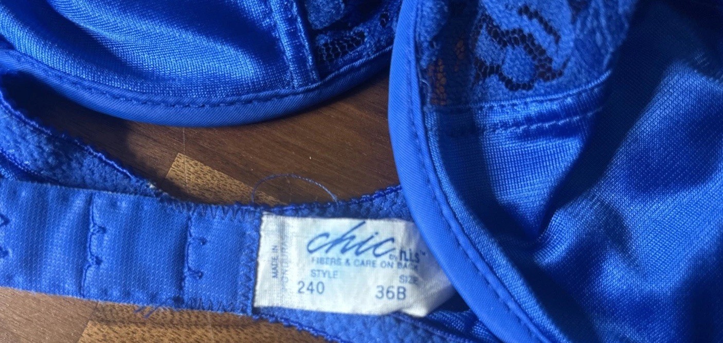 Vintage Chic by H.I.S. Blue Satin and Lace Bra sz 36B Second Skin Satin Unlined