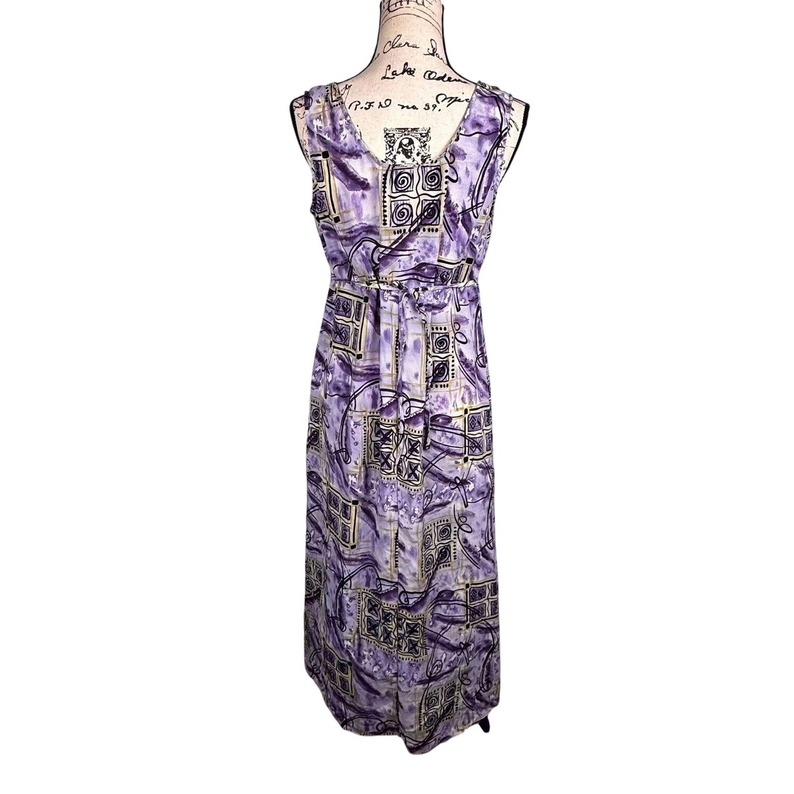 90s Maxi Dress Sleeveless Abstract Geometric Empire Waist Fairy Cottage Sz L