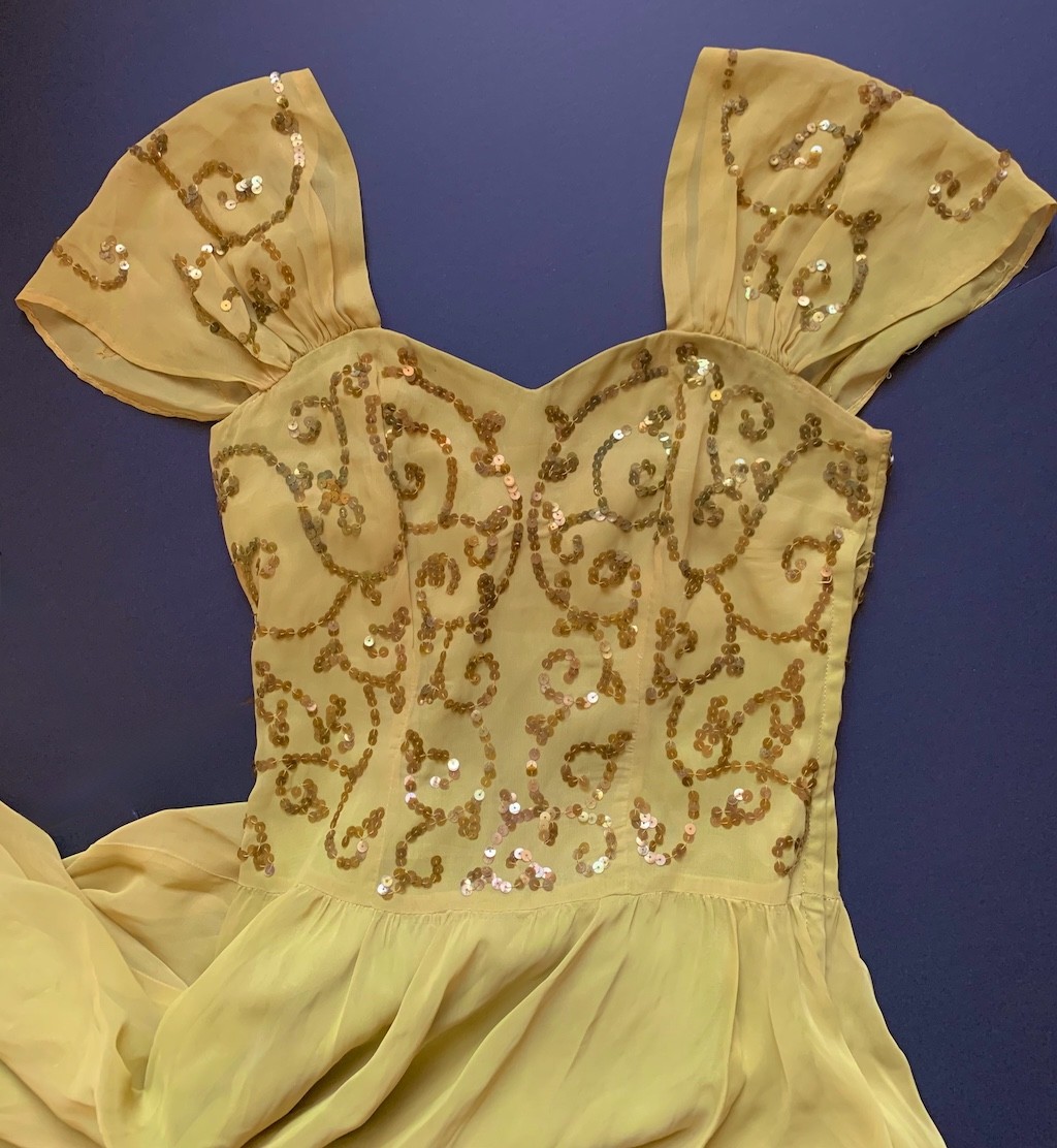 Vintage 1930s Princess Chartreuse green /yellow Chiffon & sequin Gown long Dress