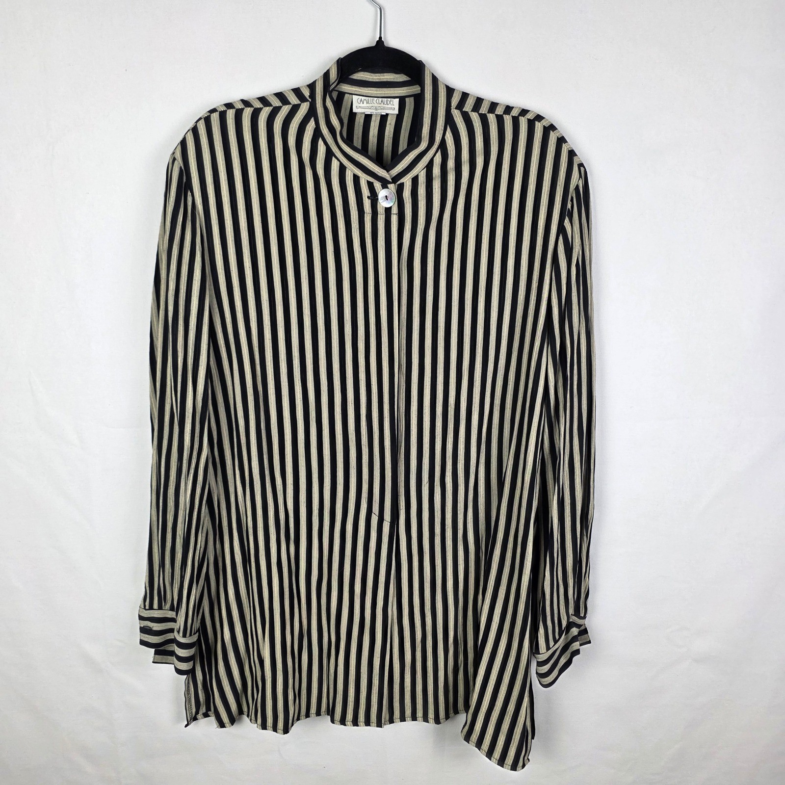 Camille Claudel Vintage Striped Button Up Blouse Black Cream XL Made in USA