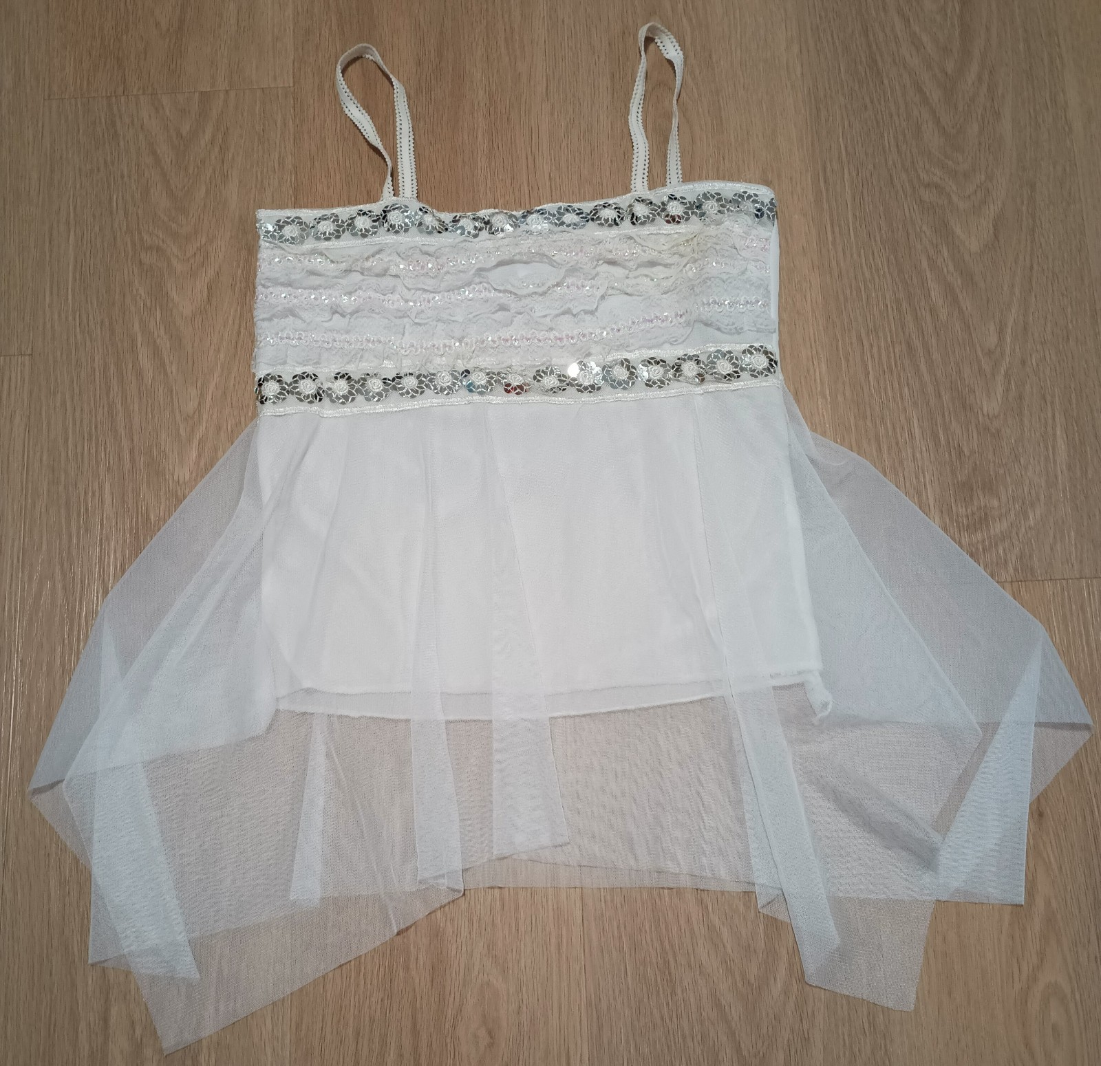 Vtg 90s Stretchy FAIRY motif Fishnet Gauze Overlay Sequin Lace Hippie Tube Top S