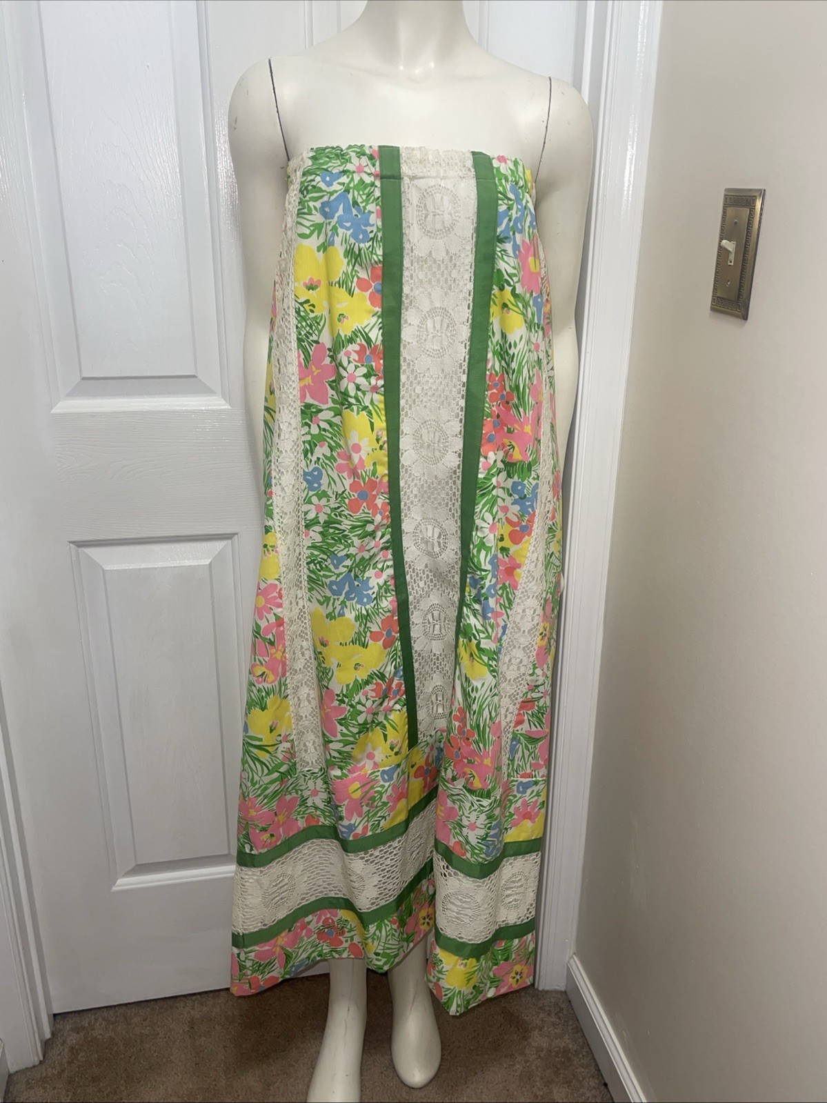 Vintage Floral Patchwork Strapless Dress Skirt Lace Cottagecore 70s Prairie Pink