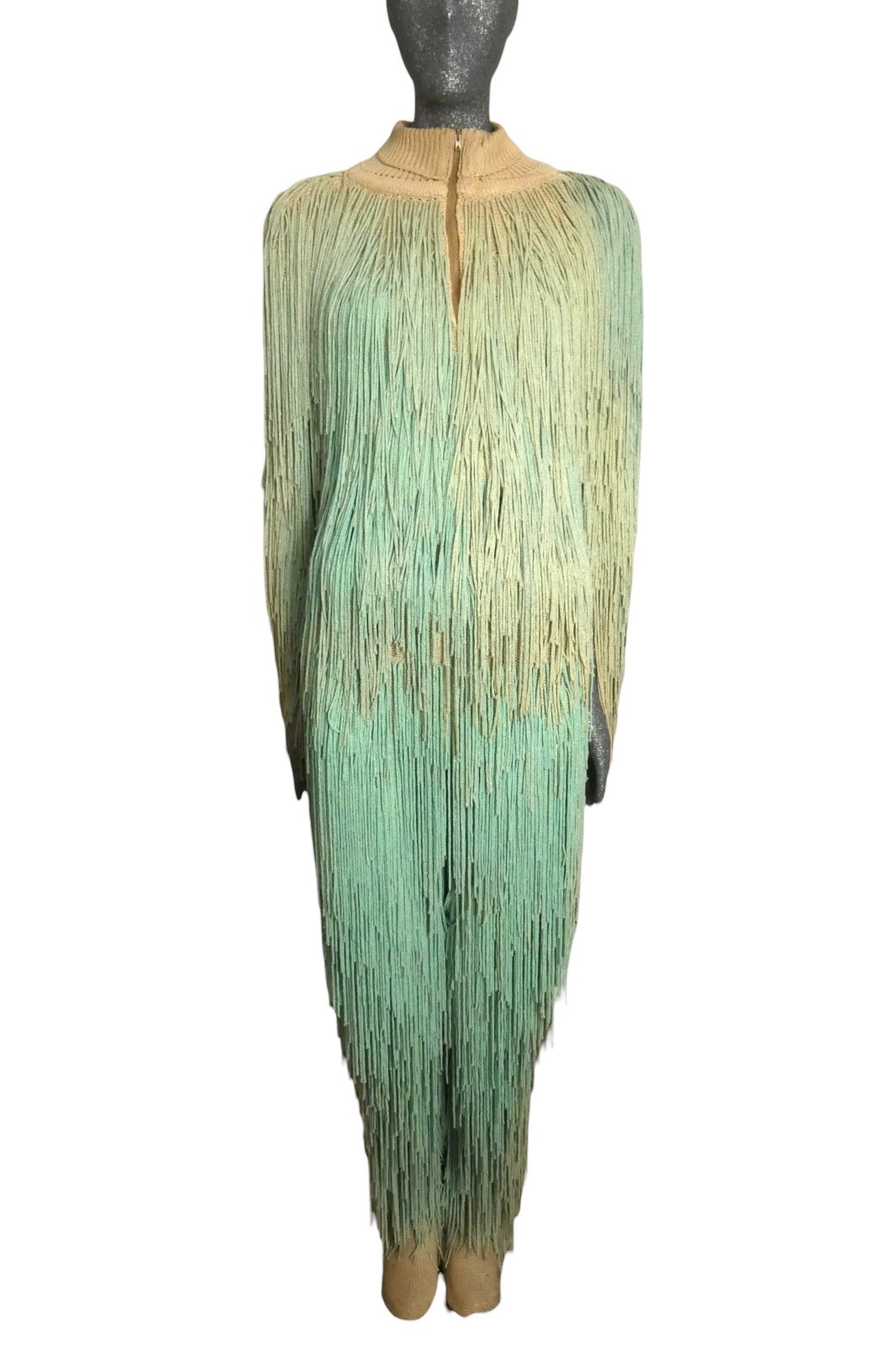 PIERRE CARDIN HAUTE COUTURE – 1973 Green Ombre Fringe Knit Ensemble, Size-4