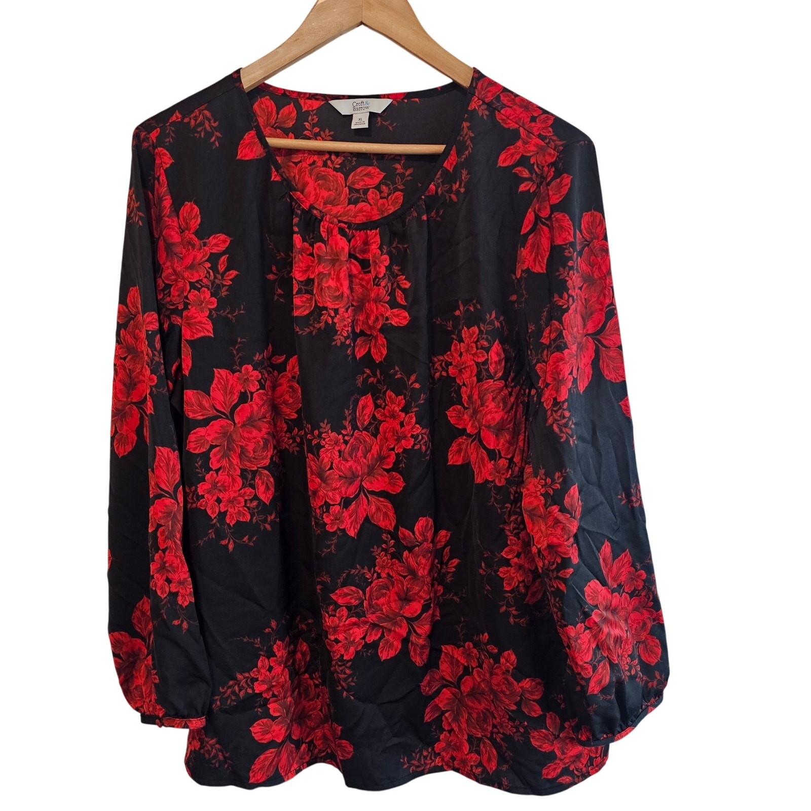 Croft & Barrow Y2K Floral Blouse Womens XL Red Blk Whimsygoth Fairy Boho Roses