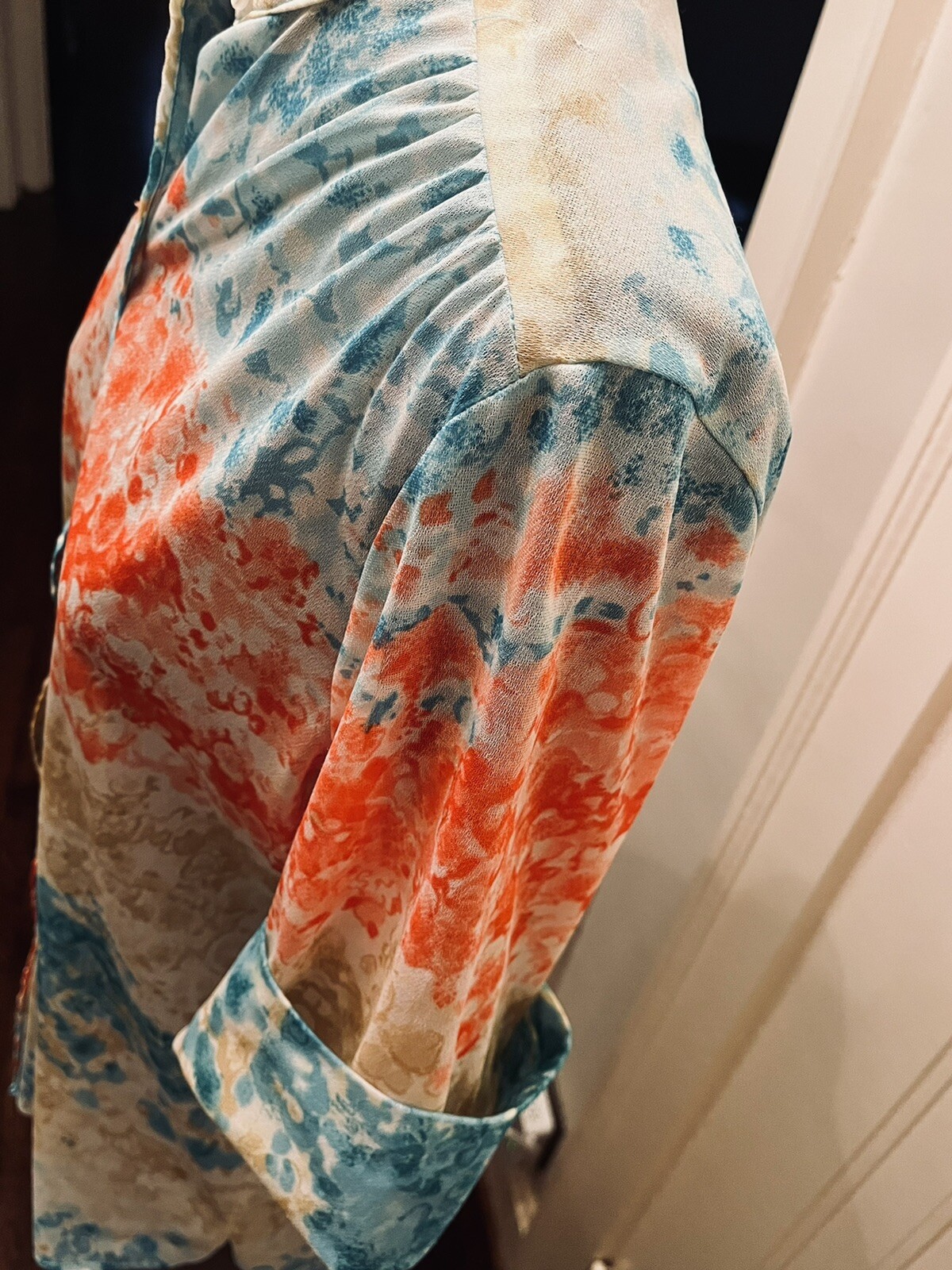 70s TERRY CHICAGO Multicolored PRINT COLLARLESS BUTTON NECK Blouse SHIRT SZ M