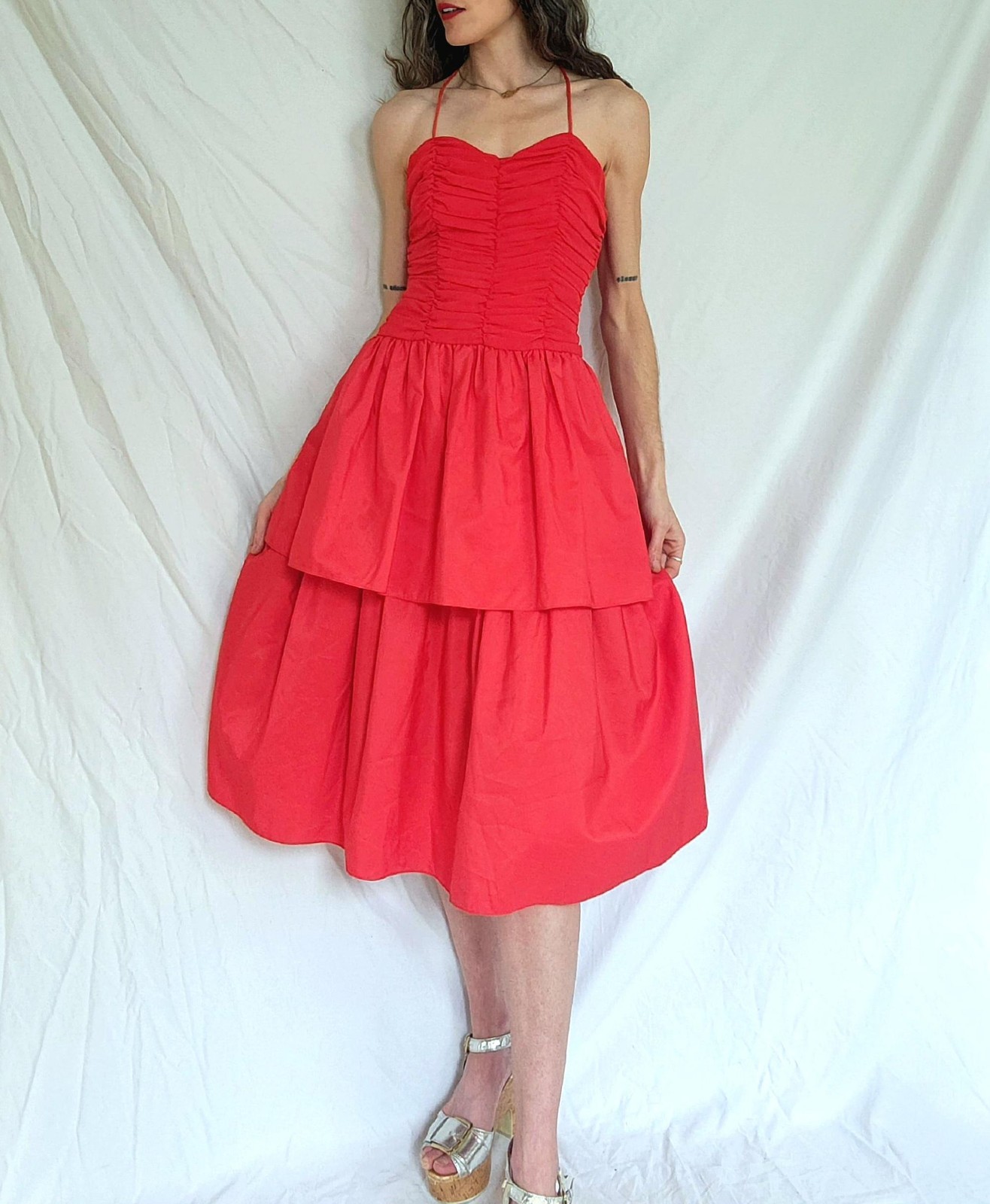 1970s Vintage Ruched Red Party Dress: Joy Stevens, Women’s Small