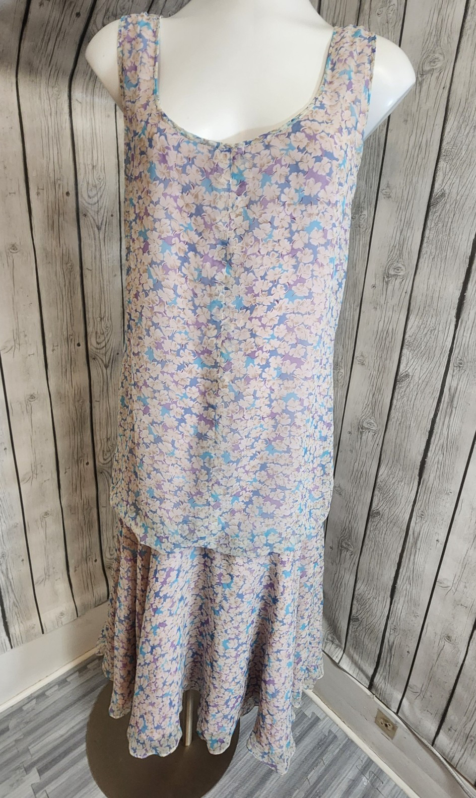 Vintage Floral Drop Waist Dress Pastel Lined Sleeveless Flapper Style 80s S/M