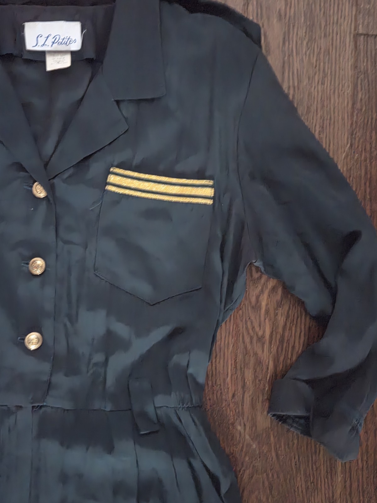 Vintage S.L. Petites Utility Jumpsuit Gold Button Military Airline Style Petite