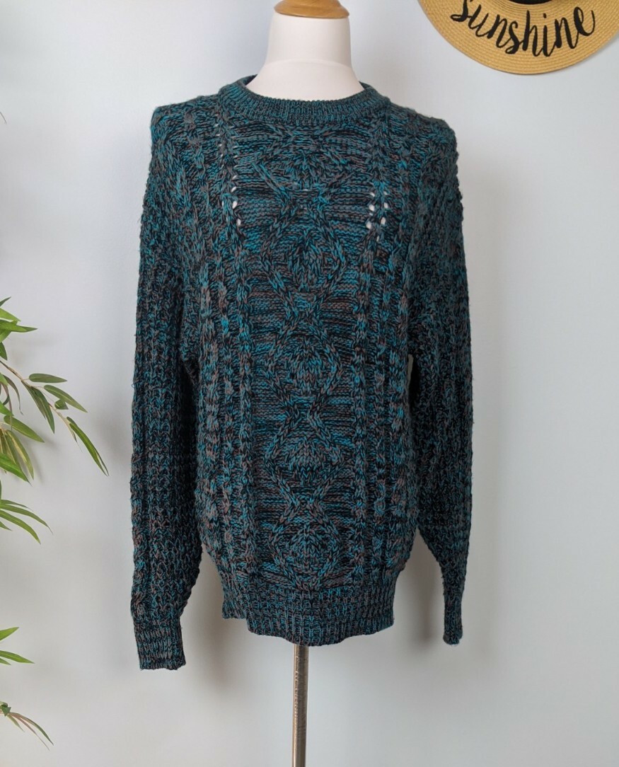 Vintage 80s 90s Chunky Knit Sweater Mens M Womens L Unique Teal Grey Tan