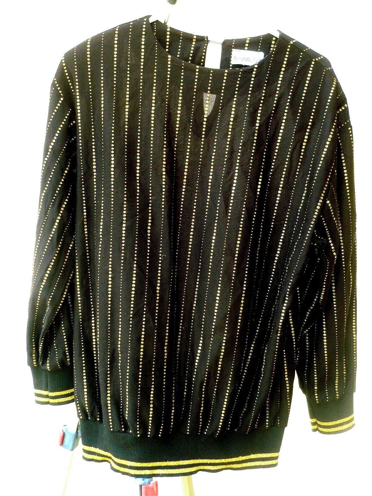 VTG 80S MS 12 WEST SZ XL L BLACK LIGHTWEIGHT GOLD SPARKLE DOTS DISCO BLOUSE LADY