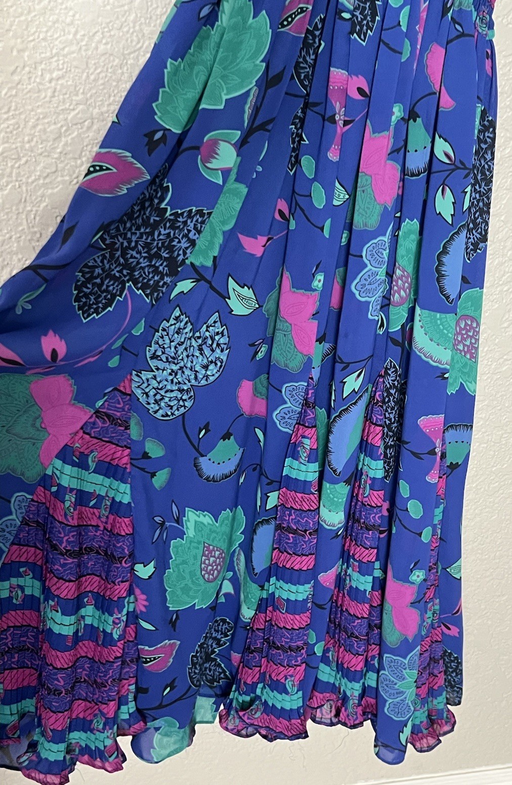Vintage Assorti Susan Freis Ruffle Neck Blue Floral Pleated Midi Dress Size S