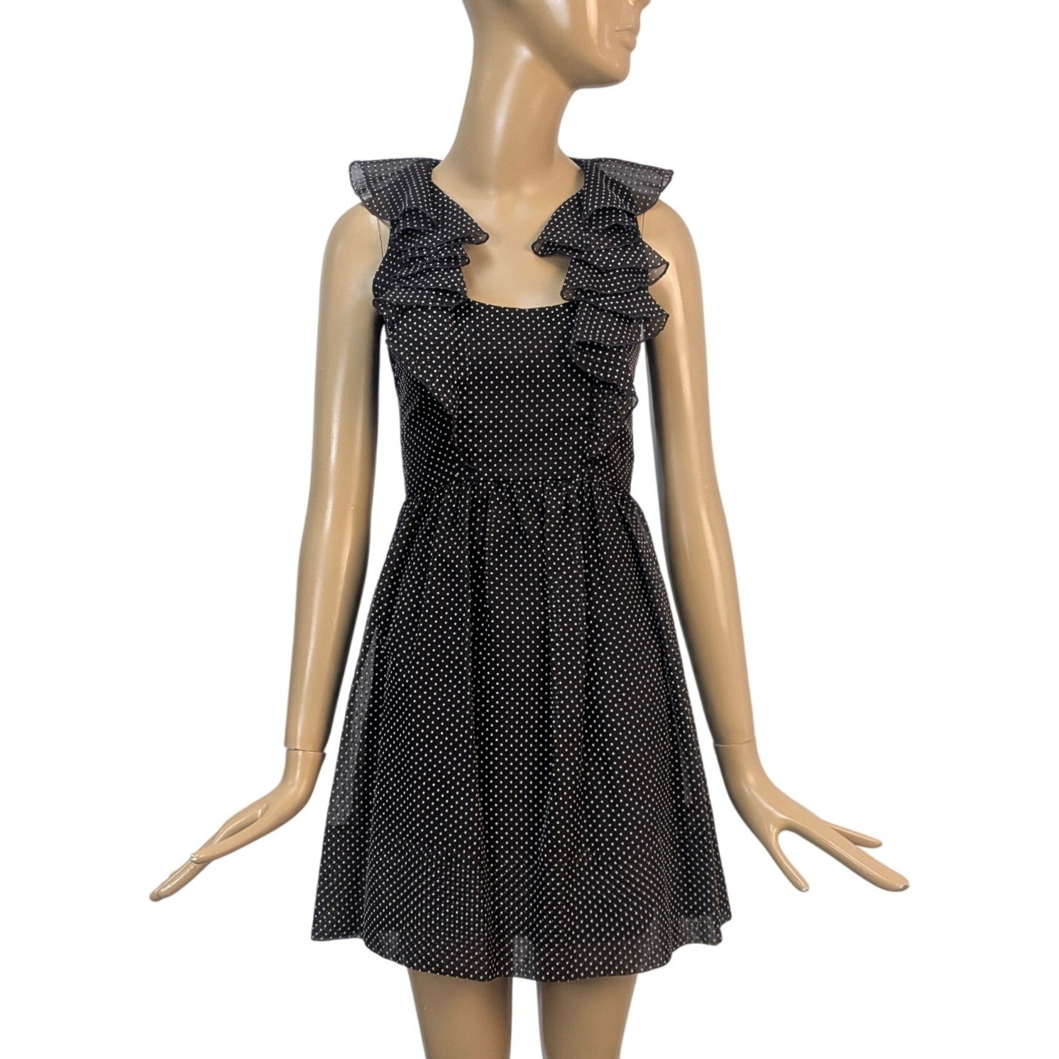 Vintage 60s Rodrigues Chocolate Brown Mod Polka Dot Ruffle Neck A-Line MiniDress
