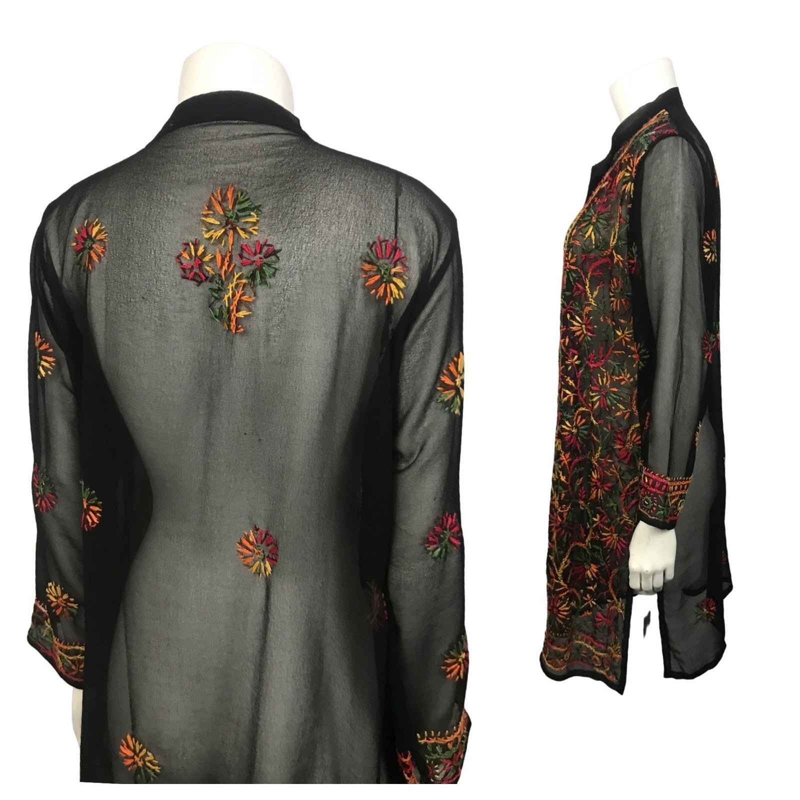 Sheer Black Embroidered Tunic Dress Indian Boho Festival Hippie Gauze M ^