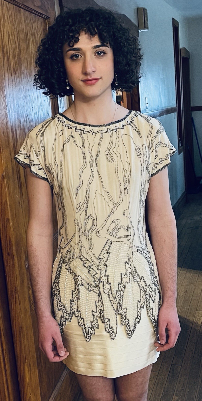 Vintage Fabrice Simon 1980s Beaded Handmade Silk Dress w/ Leaf Motif Over Skirt