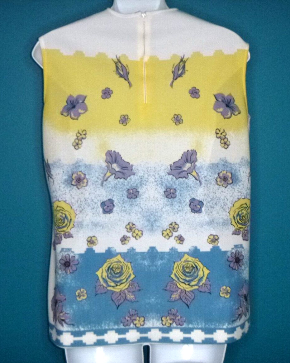 Vtg 60s 70s MOD Polyester Knit Novelty Shirt Yellow Lilac Blue Flowers Sz S/M