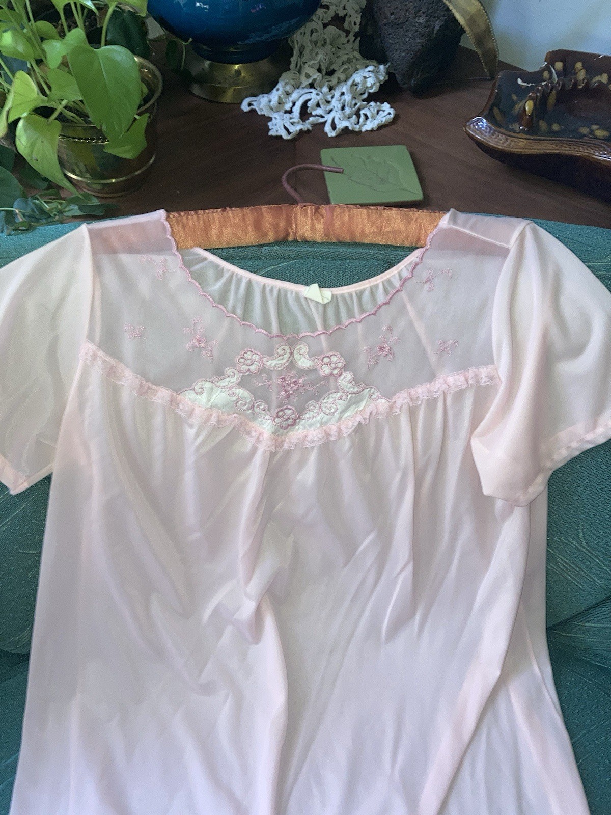 Vintage Pink babydoll Nightgown Short sleeve Floral Sheer Medium CHECK DETAILS!