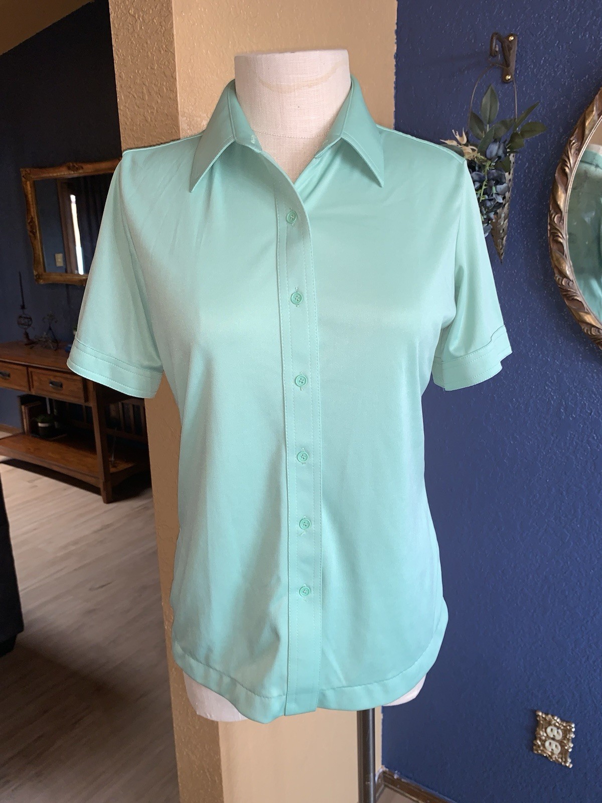 C1 80s Mint Green Button Up Blouse Short Sleeve Pointed Collar SZ 16 M/L SEARS