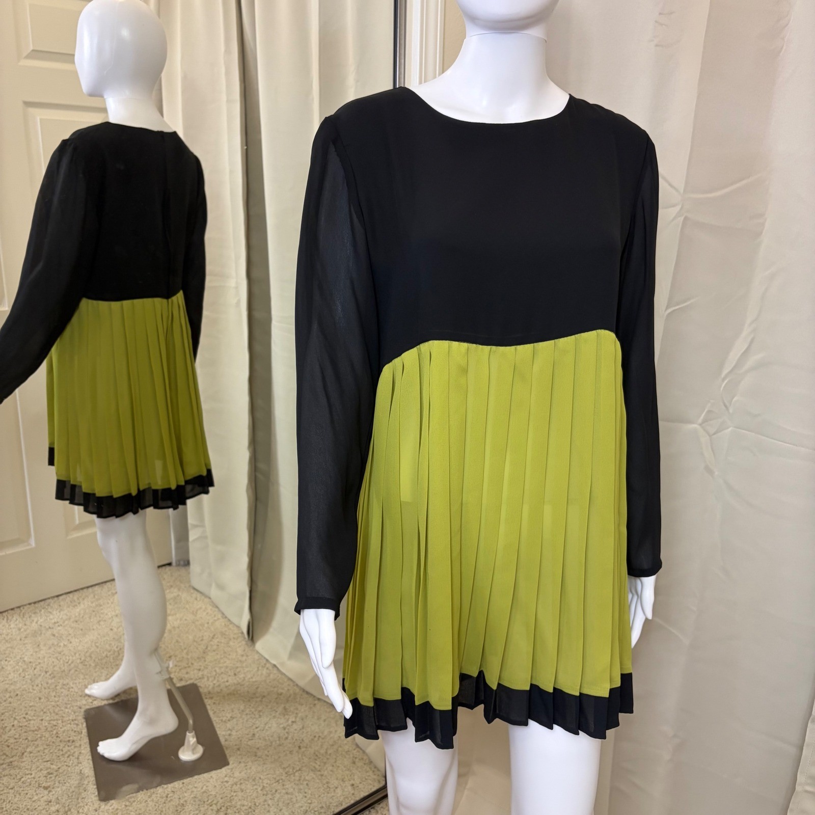 Vintage BCBG Paris Mini Dress Black Lime Green Pleated Colorblock Long Sleeve