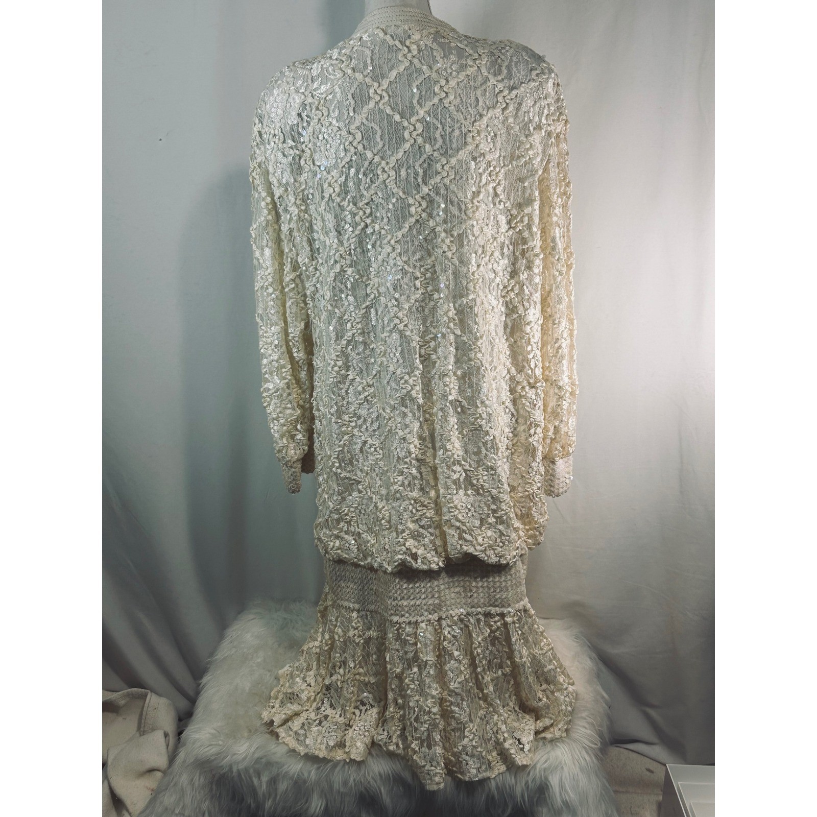 Vintage Damianou Ivory Lace Sequin Drop Waist Gown Long Sleeve Tiered Ruffle