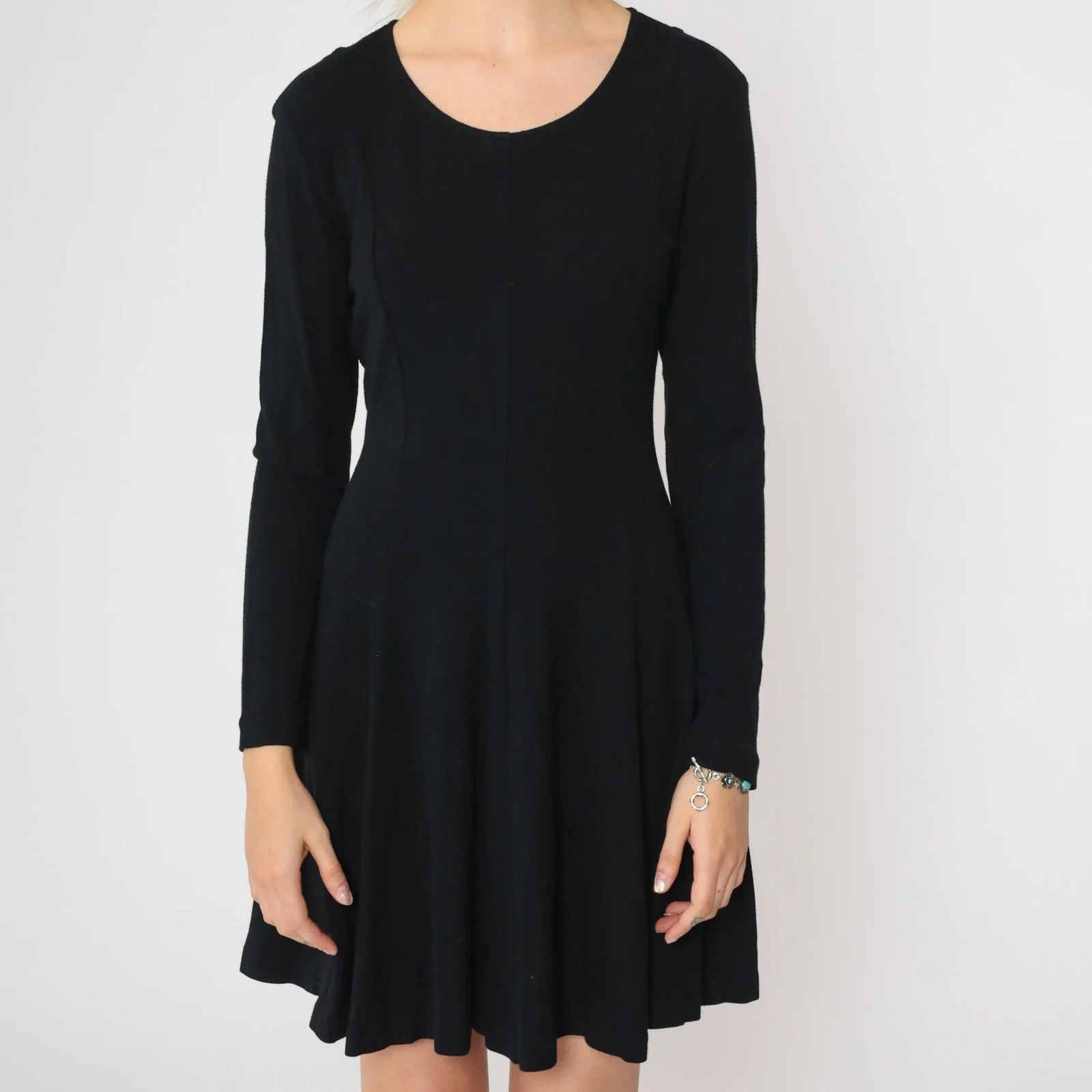 90s Norma Kamali Black Dress Vintage A-Line Skater Lace-Up Back Long Sleeve Scoo