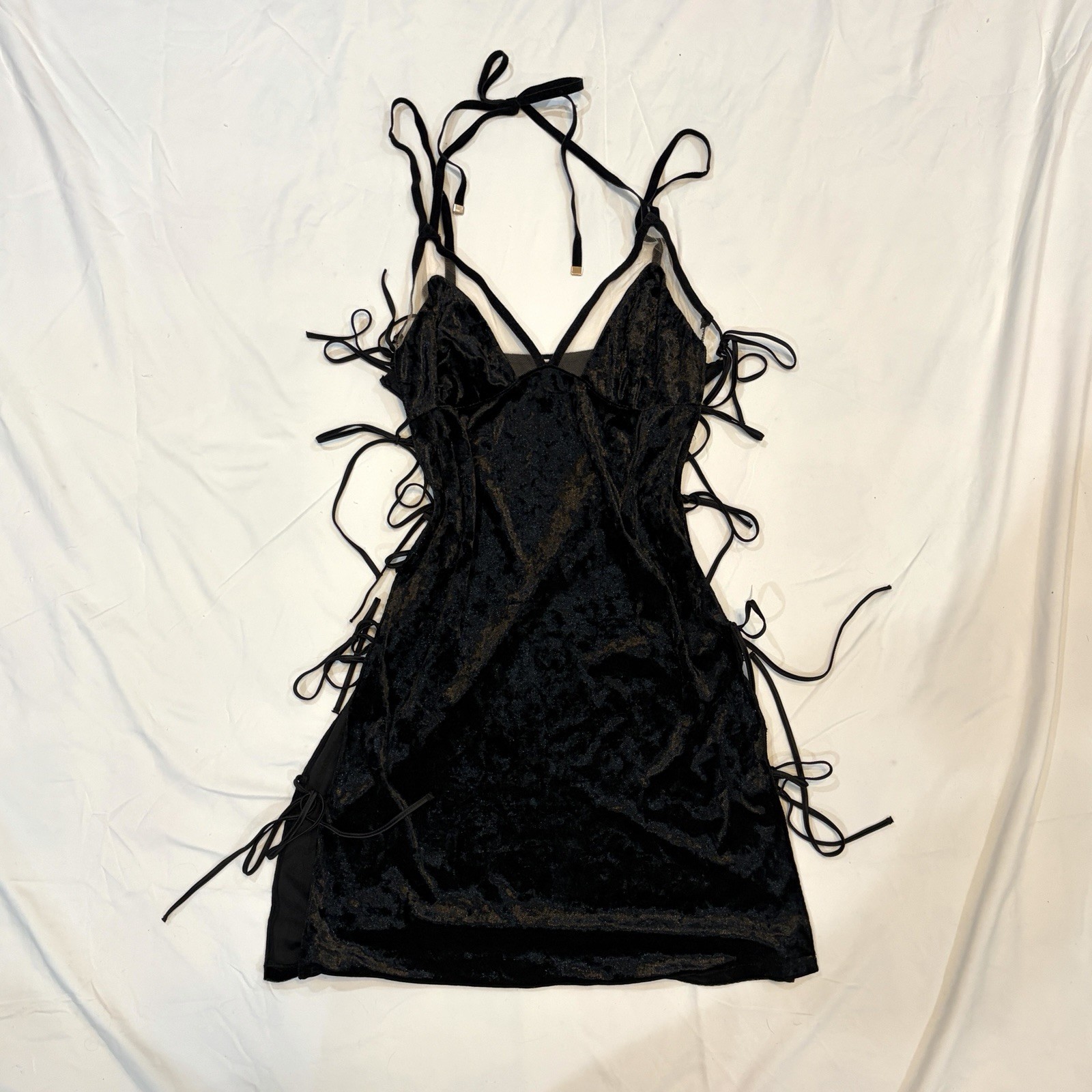 Vintage Velour Black Velvet Mesh Rare Mini Slip Dress Tie Sides Ribbon Coquette