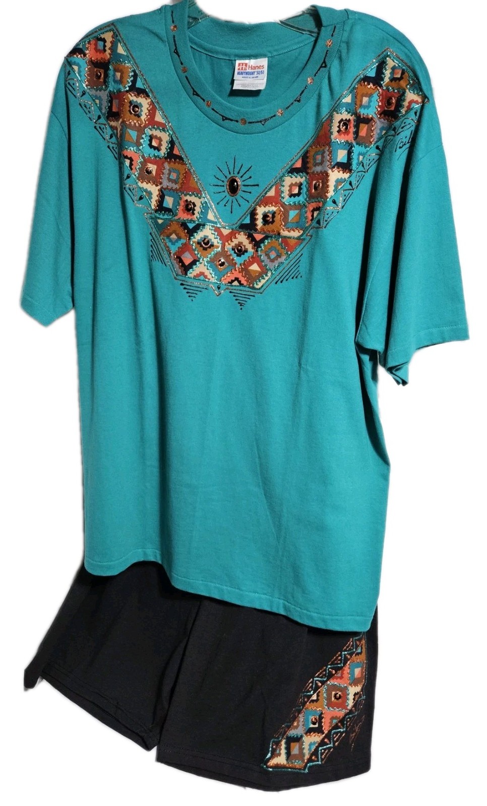Vintage Womens Southwestern Mosaic Design Single Stitch T-Shirt & Shorts Outfit