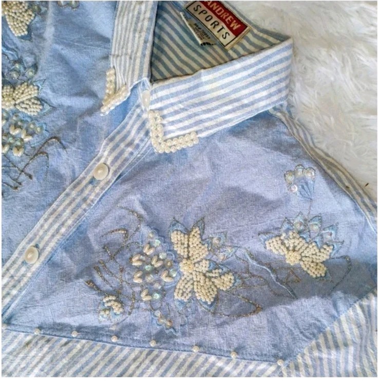 Vtg 80s Glam Maximalism Andrew Sport Pearl & Sequin Blue Cotton Stripe Shirt M