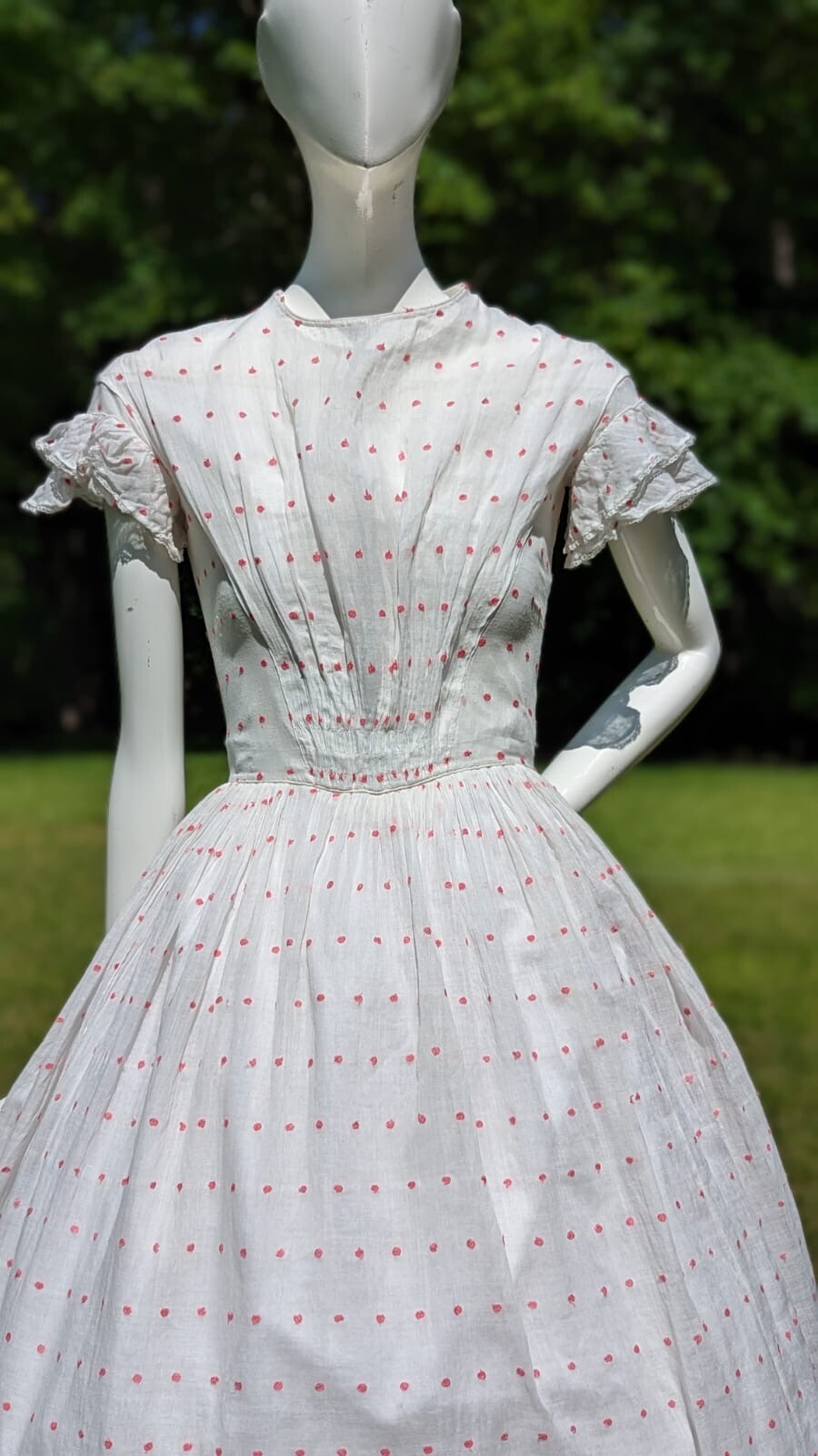 CIVIL WAR ERA SHEER PINK SWISS DOT MUSLIN SUMMER DRESS W CAP SLEEVES