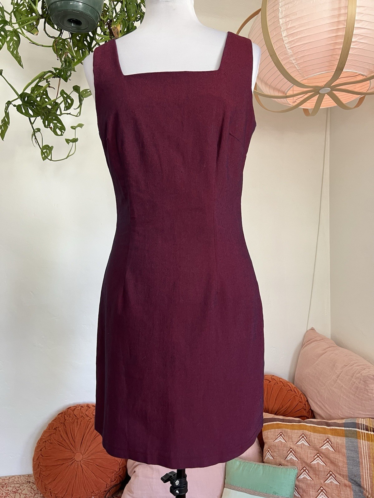 VINTAGE JOULE 90s Made in USA Burgundy Sheath Dress Square Neck Cotton Medium