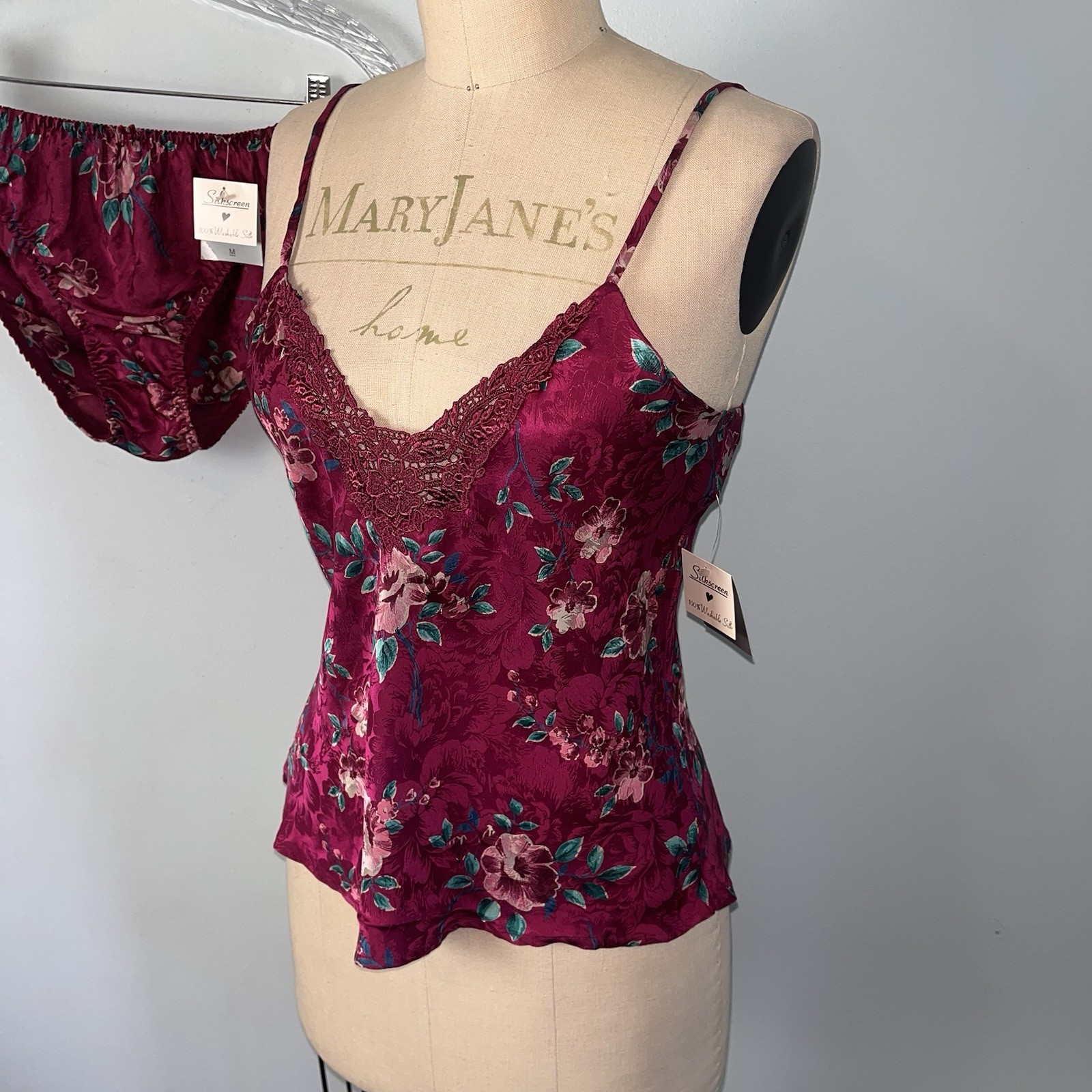 NWT VTG SILKSCREEN BIKINI PANTIES CAMI PJS SET FLORAL VINE MEDIUM 6 100% SILK