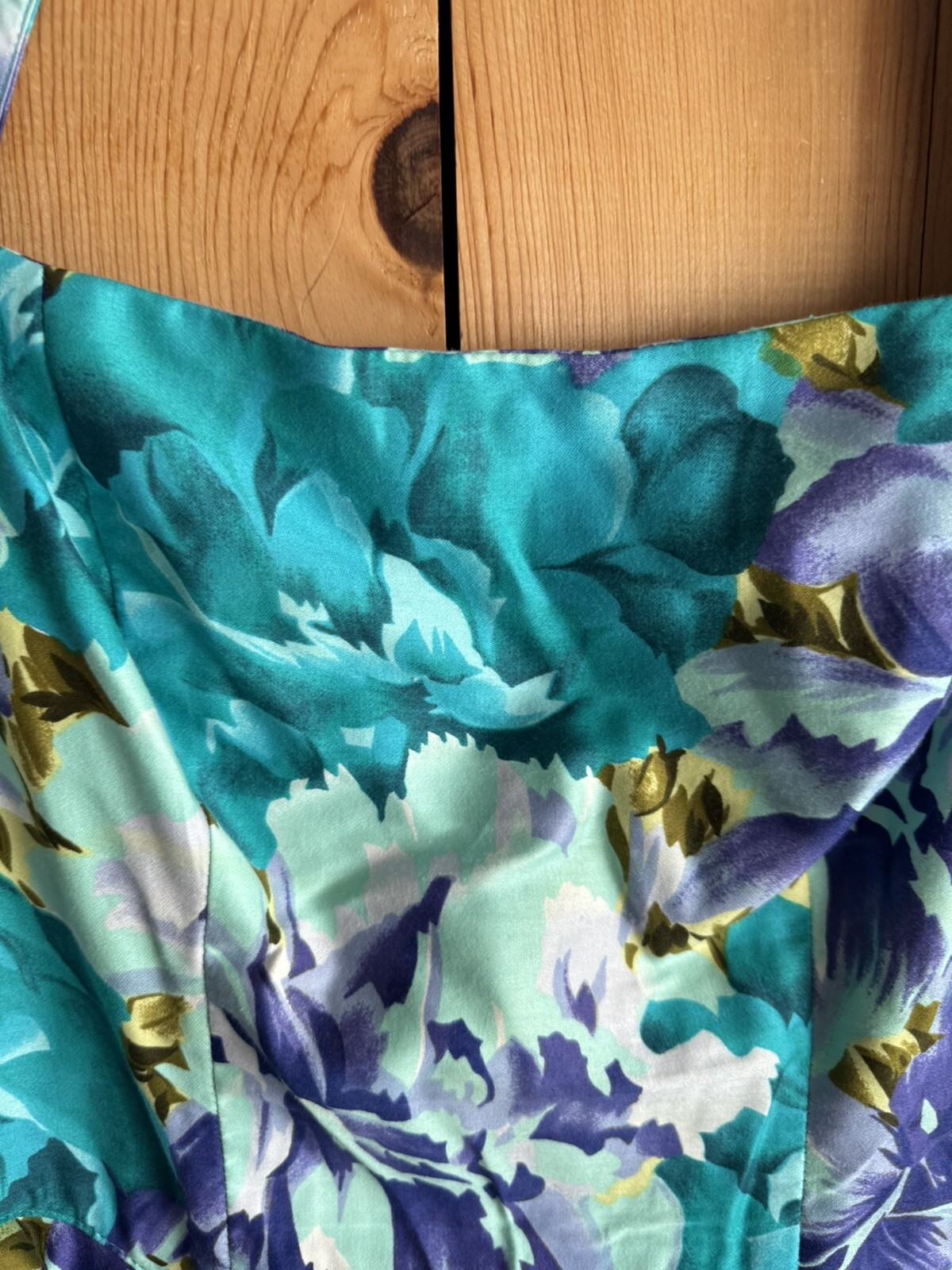 VTG 80s Barbara Barbara Floral Fitted Cotton Dress Bright Teal Bust 30 Waist 28