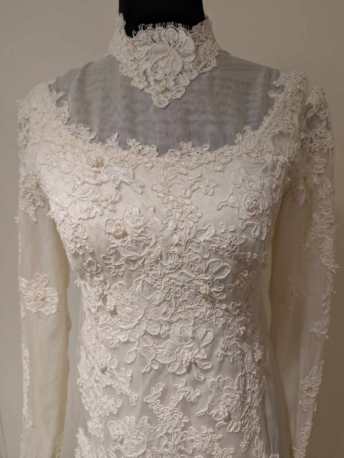 Vintage 1960s Fink Original Ivory Wedding Dress Satin Applique Lace Pearl