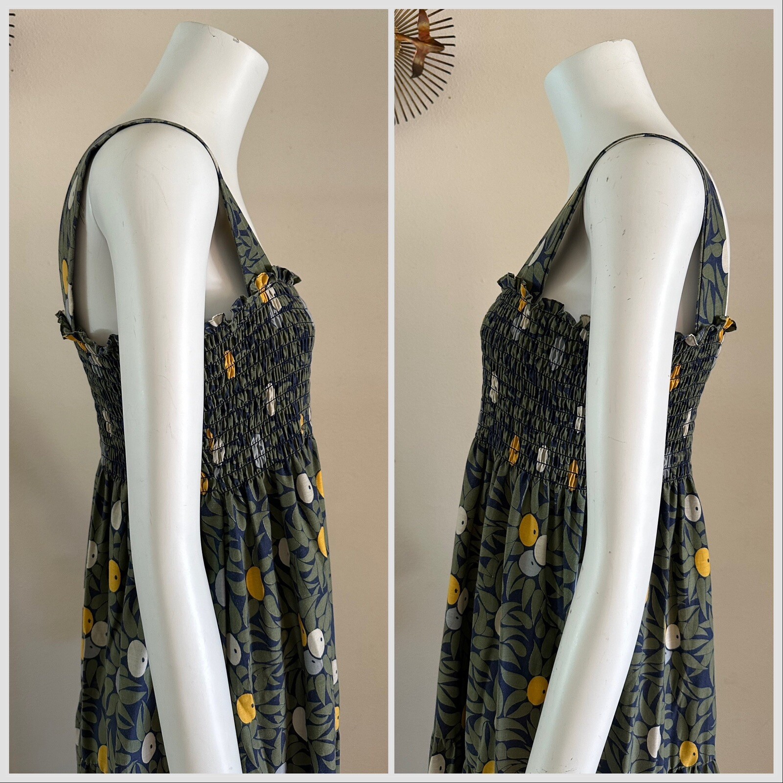 1970s Olive Print Smocked Maxi Dress Cotton Blend Hostess Resort Sundress OS VTG