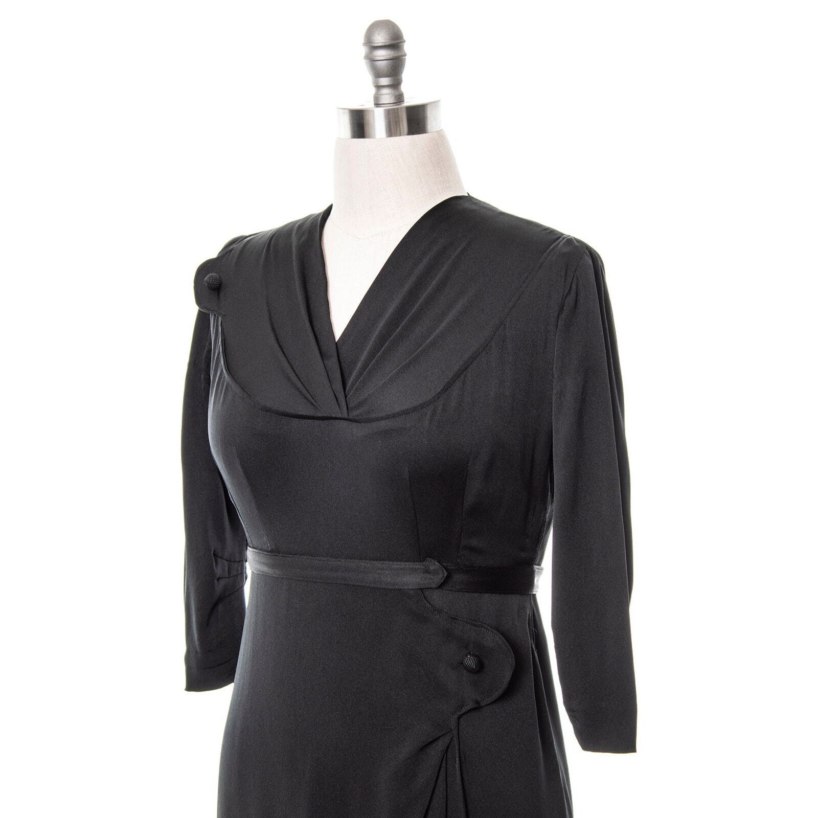 Vintage 1930s Dress 30s Black Silk Draped Hip Sarong Skirt Sheath Cocktail LBD