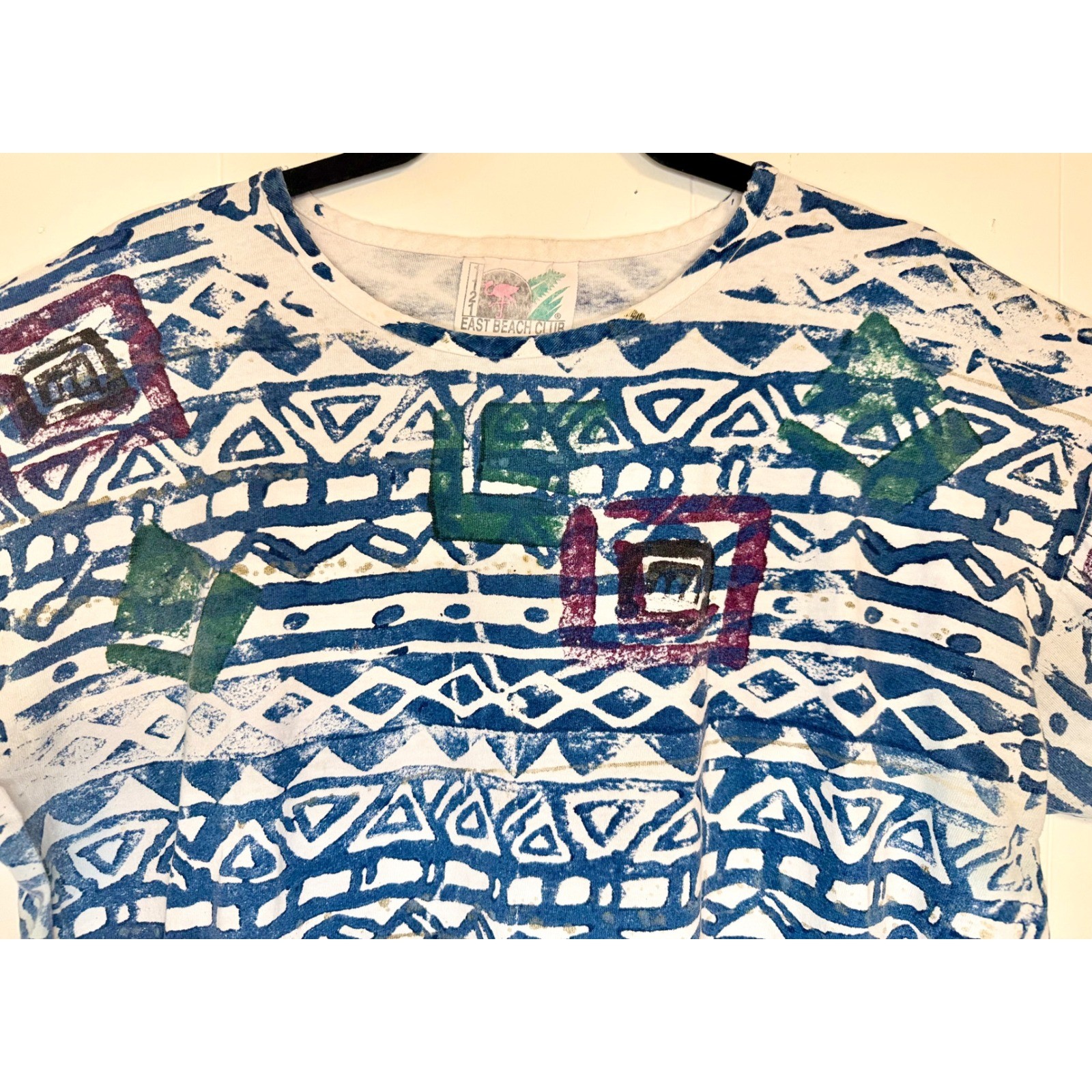 90s Vintage XL Boxy Cotton Retro Geometric Block Print Blue Purple Green Kidcore