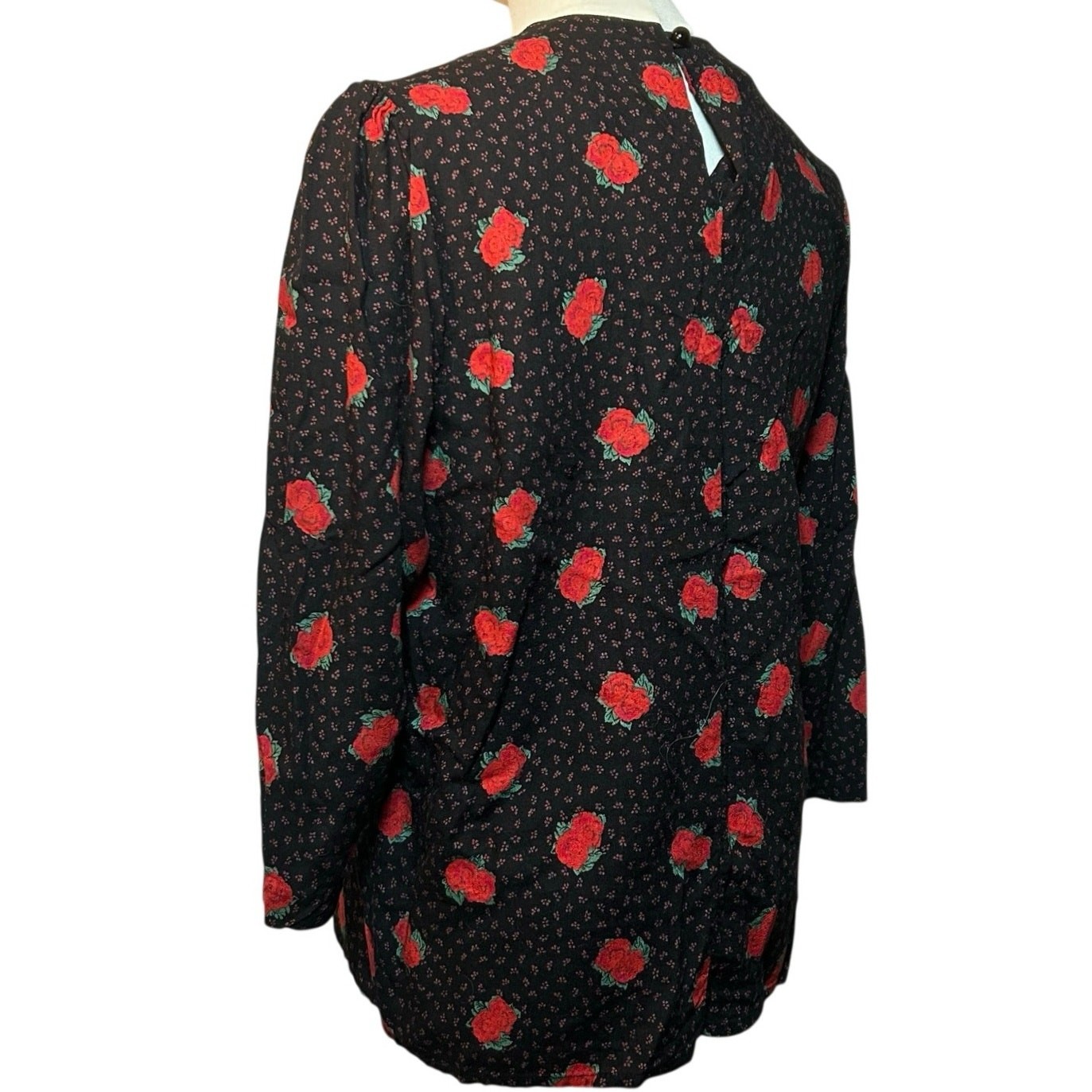 VTG Ms Interpret Black Red Rose Polka Dot Rayon Blouse 12 Whimsygoth Grunge Goth