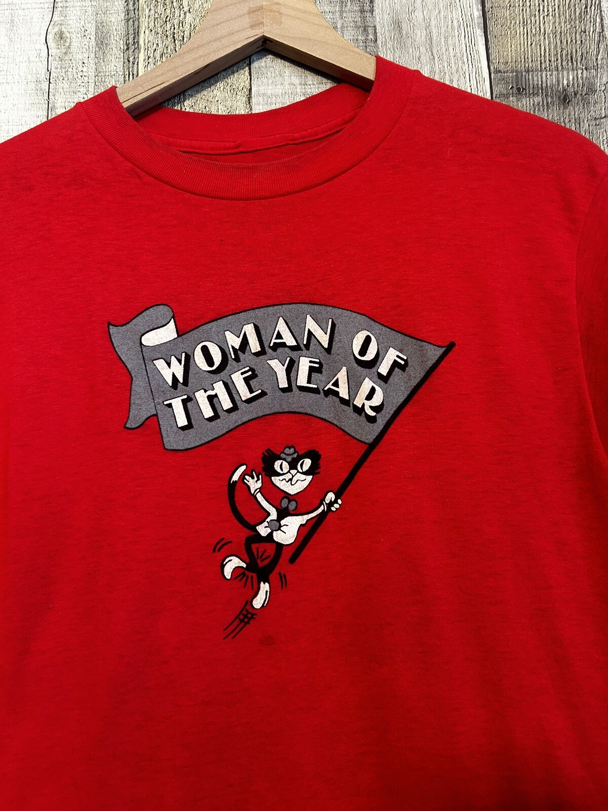 Vintage 80s Woman Of The Year Black Cat Graphic T-shirt Single Stitch Lg VTG USA
