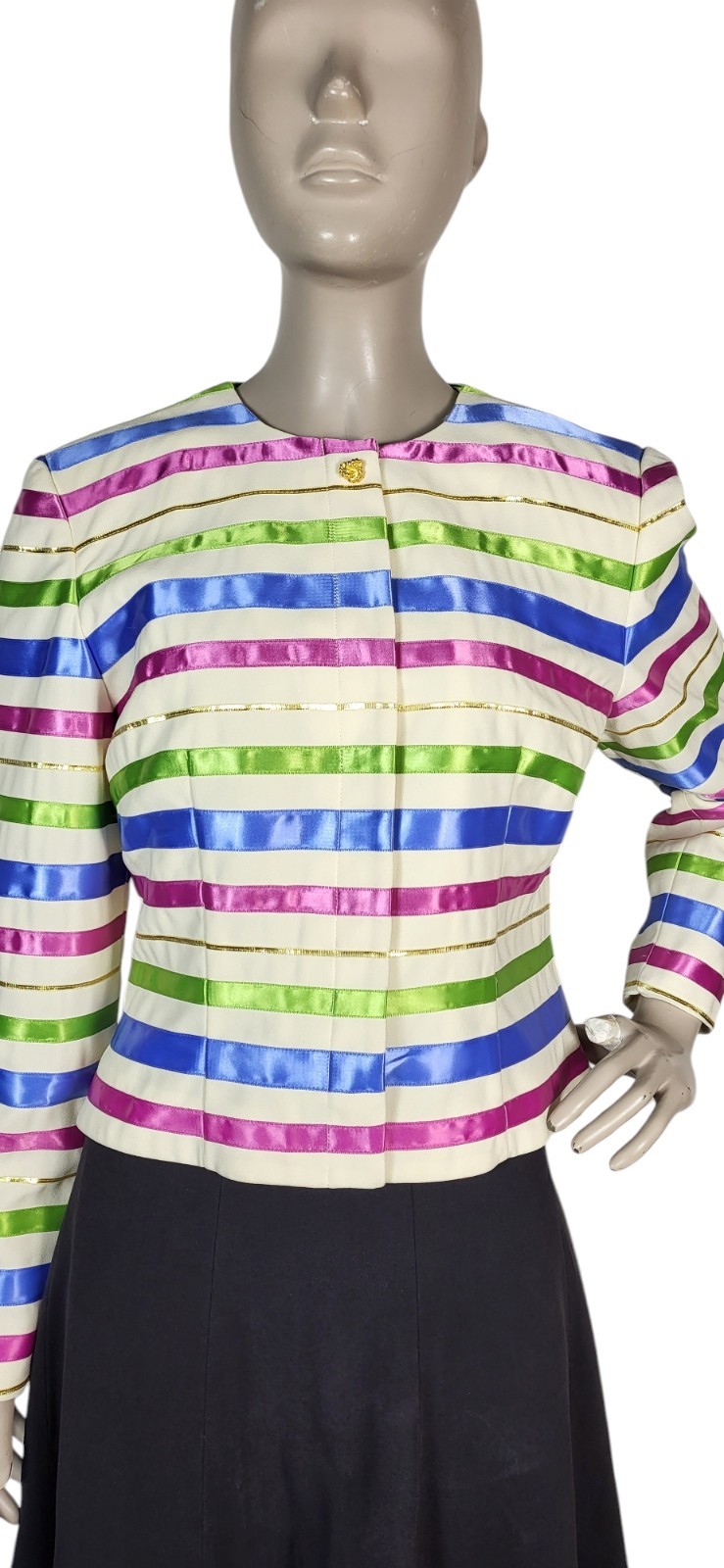 Vintage Satin Jewel Tone Metallic Ribbon Striped Blouse Jacket Maggy London
