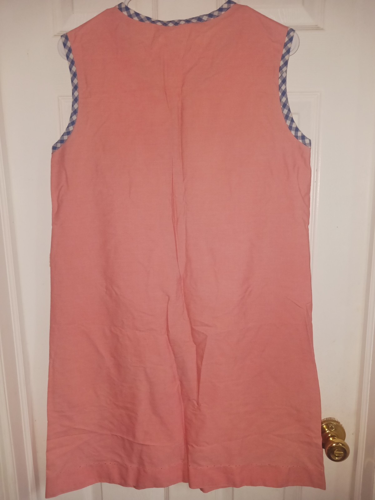 VTG 60s/70s Komar Zippered House Dress Sleeveless M Peach/Blue Gingham Trim