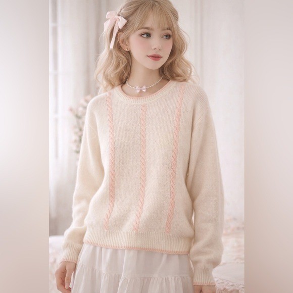 Vintage Lambswool Angora Sweater Cream Blush Soft Girl Coquette Cottagecore Knit