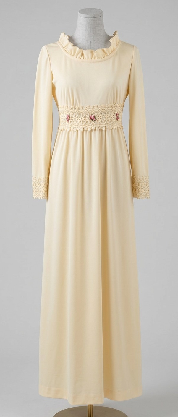 Vintage 70s Empire Cream Maxi Dress Crochet Rosettes Trim Ruffle Neck Coquette S