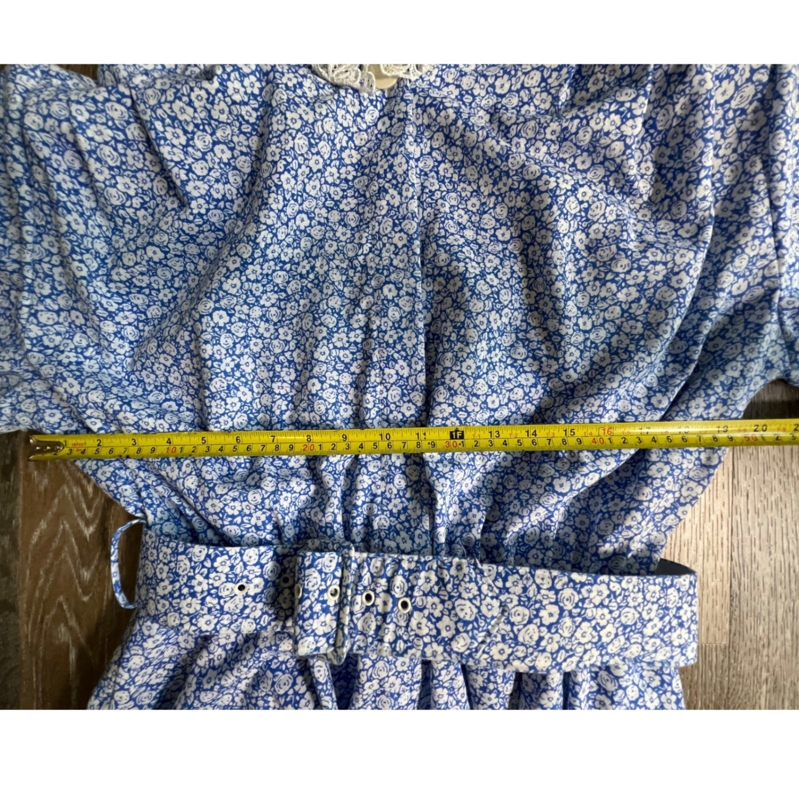 Paquette Too! Floral Peplum Dress Womens 14 Blue Lace Collar Vintage 80s Belted