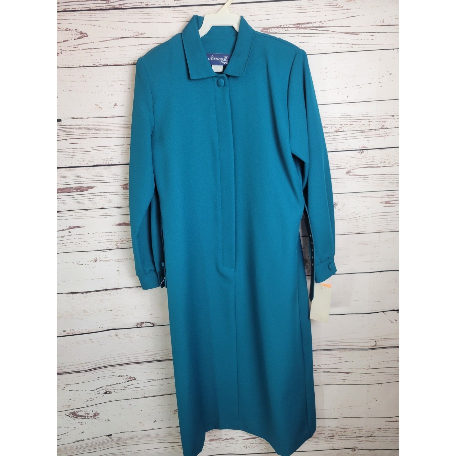 Vtg Nancy II Midi Dress 80s Minimalist Belted Long Sleeve Modest Teal Blue 10