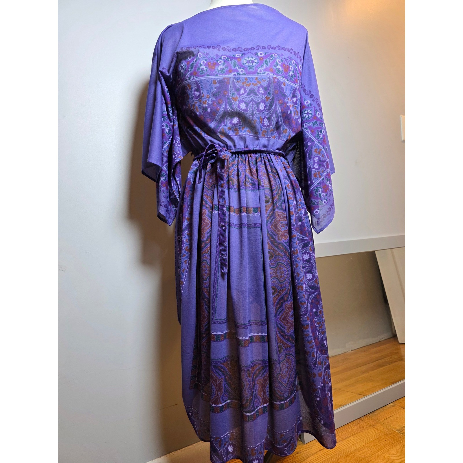 Vintage Purple Paisley Boho Midi Dress Angel Sleeve Western CottageCore Festival