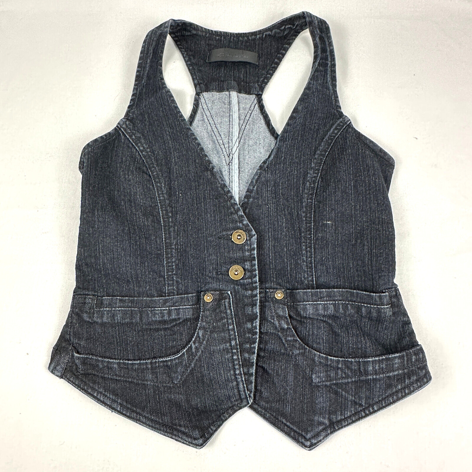 Seduction Black Denim Vest Ladies Size Medium Button Front Back Slide Buckle Vtg