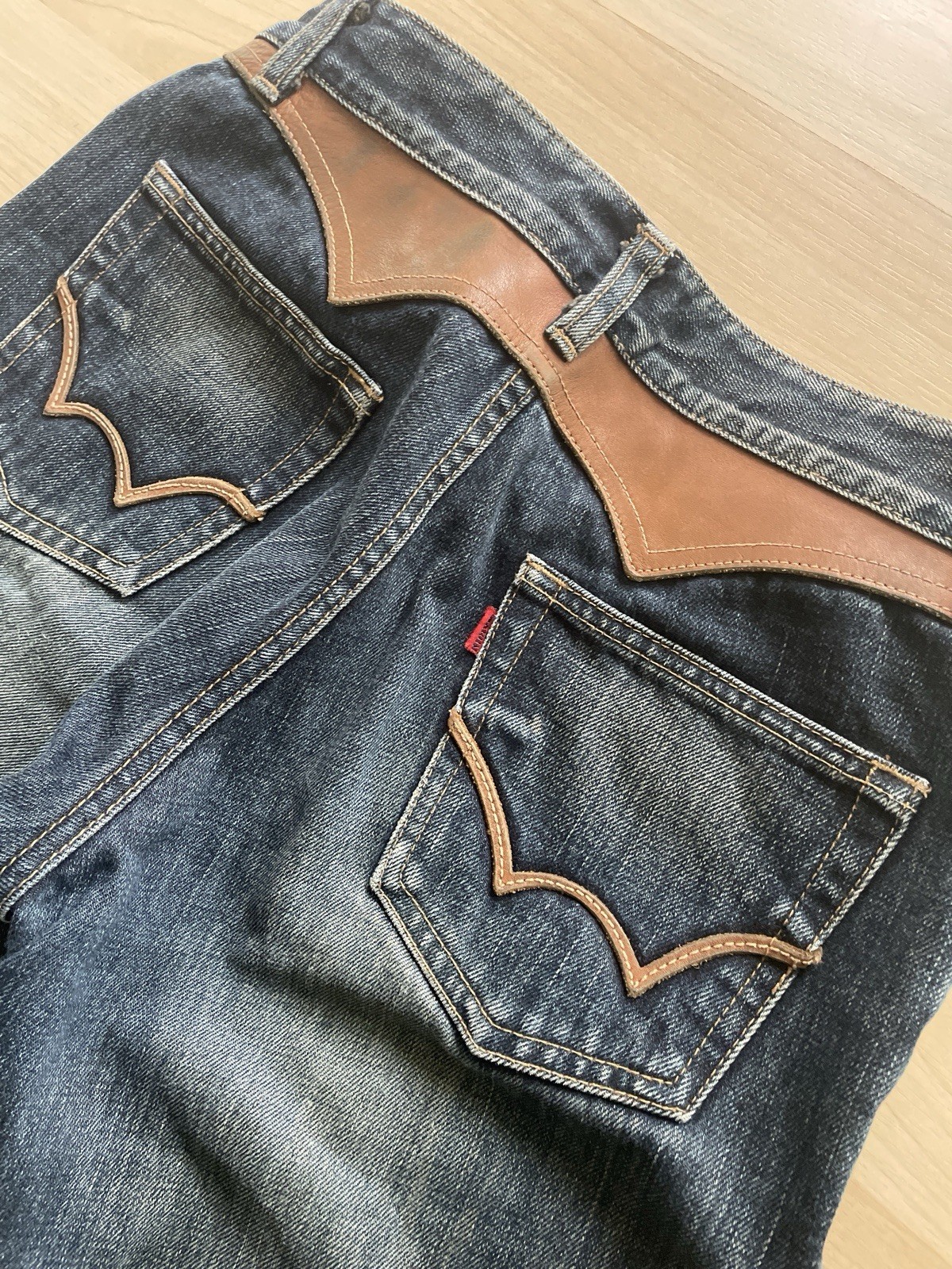 Edwin Vintage Jeans women Blue Bootcut Denim with Leather Trim Distressed