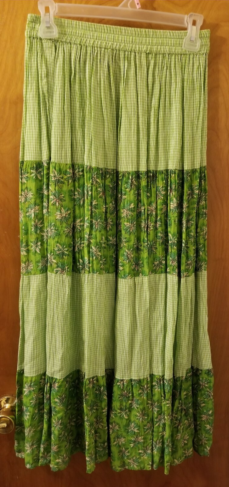 Vintage WILLOW RIDGE Green Gingham Floral Peasant Hippie Layered Skirt Sz Small