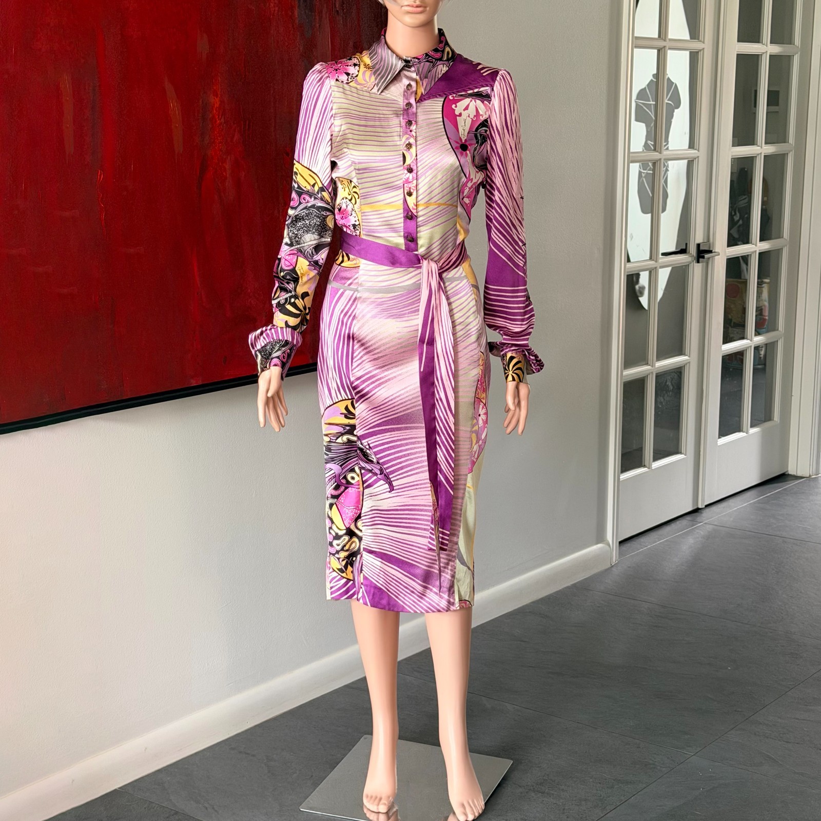 JUST CAVALLI by Roberto Cavalli silk shirt dress with abstract print size 42